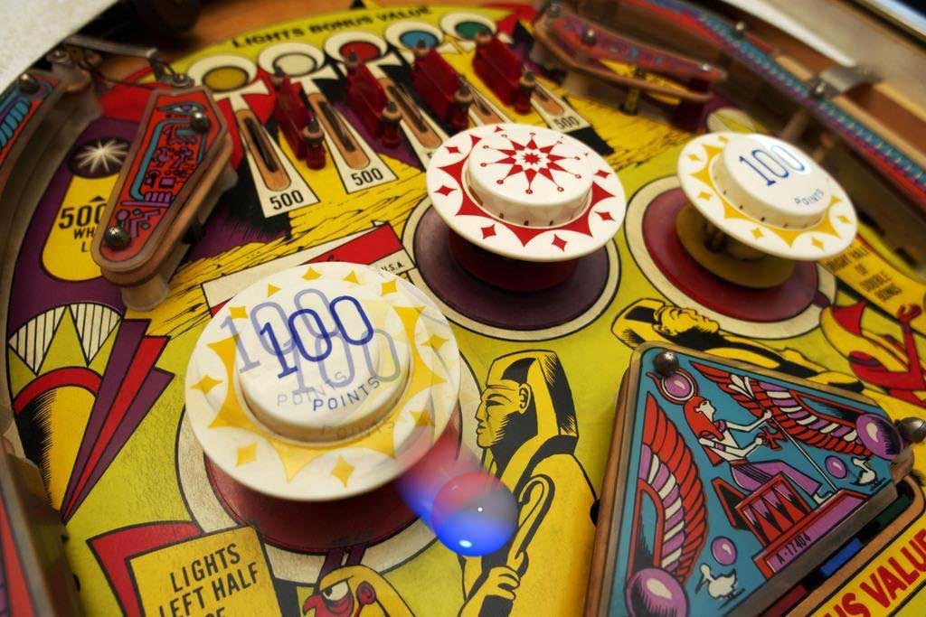 Detail of a vintage pinball machine.
