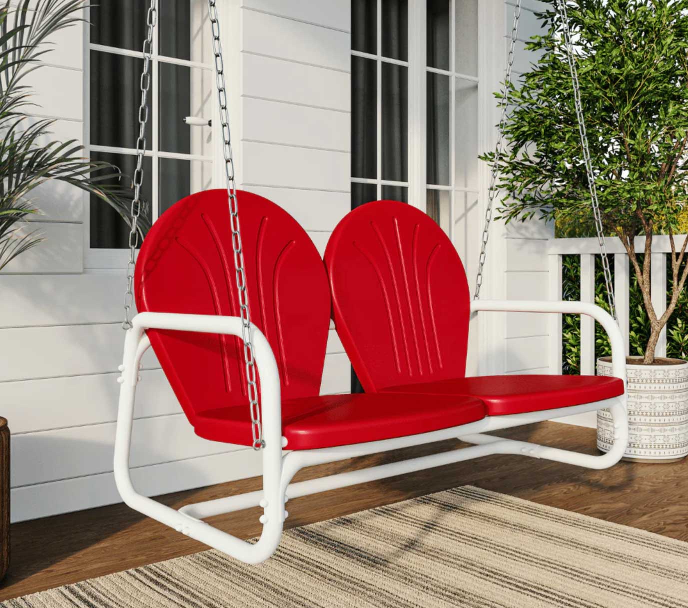 to buy a porch swing on a budget, this retro model online for $195.